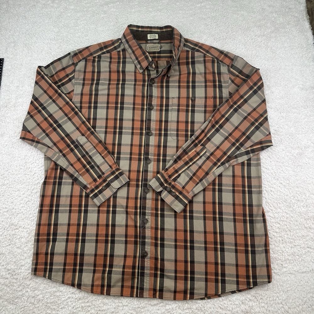 CE Schmidt Workwear Men's Shirt 2XLT Orange Tan Plaid Long Sleeve Button Down